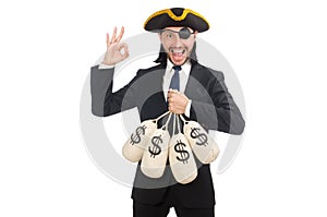 The pirate businessman holding money bags isolated on white