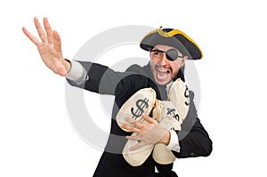 The pirate businessman holding money bags on white