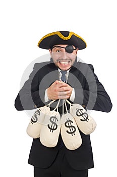 Pirate businessman holding money bags on white