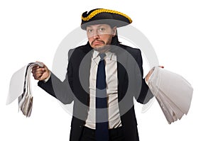 The pirate businessman holding papers on white