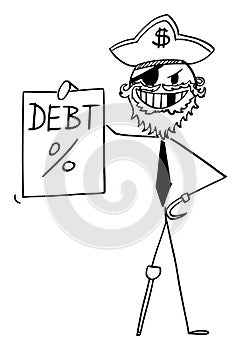 Pirate Businessman With Promissory Note, Loan or Debt Concept, Vector Cartoon Stick Figure Illustration