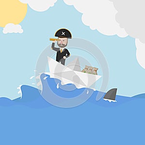 Pirate Businessman Trip In The Ocean Color Illustration
