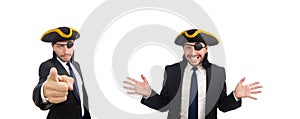 The pirate businessman wearing tricorn isolated on white