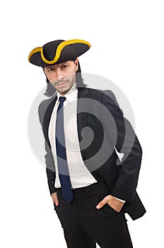 The pirate businessman wearing tricorn isolated on white