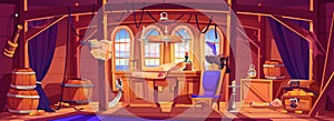 Pirate capitan ship cabin, wooden room interior