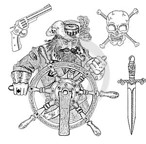 Pirate captain, gun, knife and skull isolated