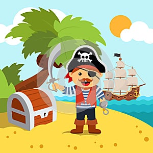 Pirate captain on island shore with treasure chest