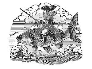 Pirate captain riding fish sketch vector