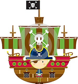 Pirate Captain and Ship with Skull and Crossbones