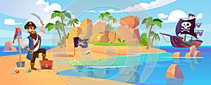 Pirate captain with a treasure chest on a tropical island. Cartoon background