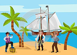 Pirate captain woman and man carries rum character bandit team found treasure chest flat vector illustration. Tropical