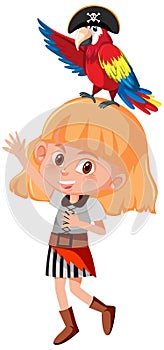 Pirate cartoon character of a girl and parrot isolated on white background