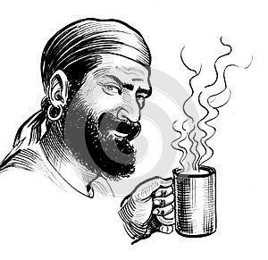 Pirate character drinking a mug oof coffee