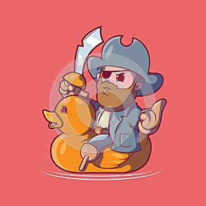 Pirate character riding a yellow rubber duck vector illustration.