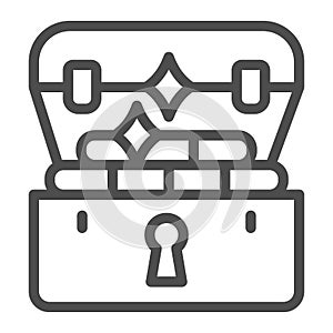 Pirate chest full of gold line icon, fairytale concept, treasure sign on white background, Box with gold bars icon in