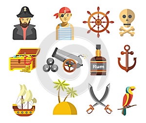 Pirate colorful symbols on white vector flat poster