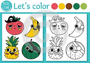 Pirate coloring page for children with pirate kawaii fruits. Vector treasure island outline illustration. Color book for kids with