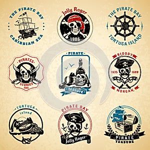 Pirate emblems vintage old paper set