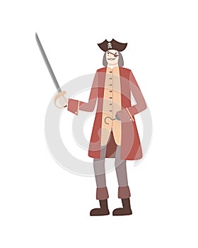 A pirate with an eye patch in a red camisole and hat. Corsair with a saber and a hook instead of a hand. Vector