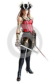 Pirate female posing with dual cutlass swords