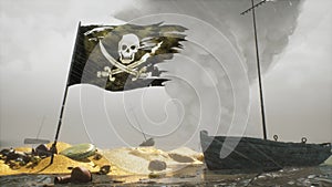 A pirate flag next to a pirate treasure on a tropical island. The concept of maritime adventure in the Middle Ages. 3D