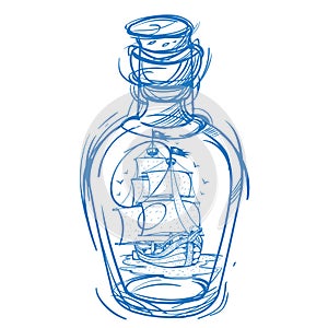 Pirate Frigate in a green glass bottle. Monochrome illustration for design t-shirts and other items. Sea monster sticker