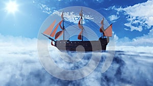 Pirate Galleon Flying on the Clouds under the Sun Light Landscape Background