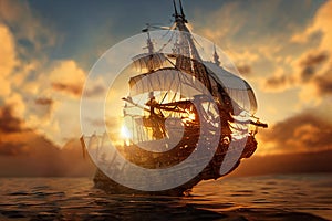 pirate galleon on the ocean at sunset