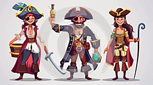 Pirate ghosts with wooden legs and hooks, wounded woman and dead man wearing Corsair costumes. Modern cartoon set of