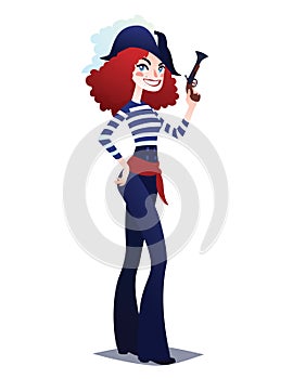 Pirate girl with gun. Cute young woman in style of Sea Corsair.