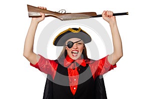 Pirate girl holding gun isolated on white