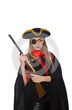 Pirate girl holding gun isolated on white