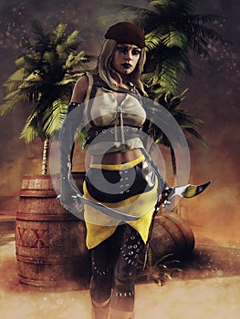 Pirate girl with swords by a barrel of gunpowder