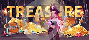 Pirate girl in treasure cave cartoon banner, loot photo