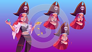 Pirate girl with treasure different face emoji