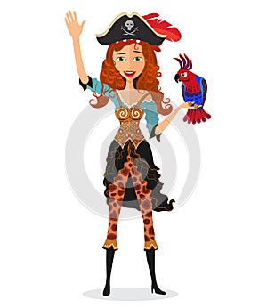 Pirate girl waving with a parrot isolated on a white background. Vector.