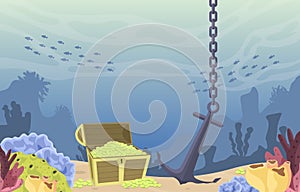 Pirate Gold Treasure Chest Anchor Marine Coral Underwater Ocean Illustration