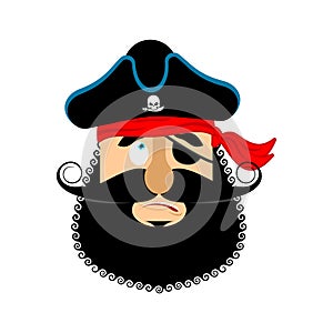 Pirate guilty emoji head. Filibuster culpable emotion face. Buccaneer delinquent avatar. Vector illustration