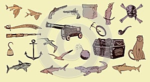 Pirate hand drawn sketch set illustration of buccaneer accessories. Vector filibuster drawing elements isolated
