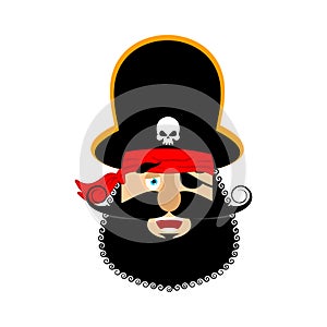 Pirate happy emoji head. Filibuster merry emotion face. Buccaneer cheerful avatar. Vector illustration