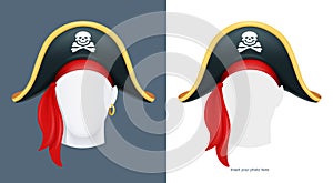 Pirate hat. Corsair headgear. Carnival costume. Caribbean filibuster. Vector illustration.