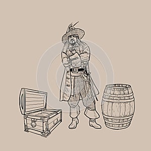 Pirate with a hat and a cutlass near the barrel and the chest of gold. Vector.