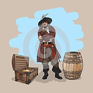 Pirate with a hat and a cutlass near the barrel and the chest of gold. Vector.