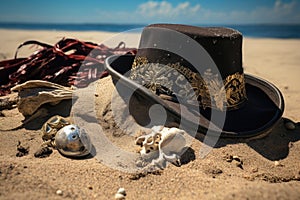 pirate hat next to a treasure buried in beach sand