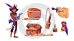 Pirate in hat, treasure box, rum bottle, parrot