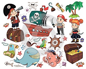 Pirate icons for children birthday party. Kids entertaiment, cartoon characters, animation.