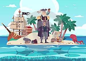 Pirate island. Cartoon kid's adventure illustration with captain of marine brigands and treasure chest. Sharks and
