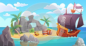 Pirate island landscape vector illustration, cartoon scenic seascape with piratical ship in ocean or sea waters and