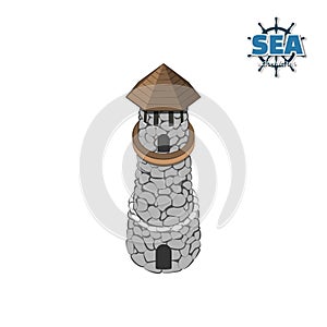 Pirate island with lighthouse on a white background. Tropical isle with stone castle in isometric style. Mobile game