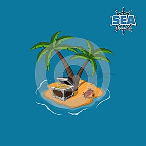 Pirate island with treasures on a blue background. Tropical isle with palms and chest. Mobile game